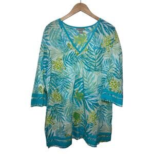 Peppermint Bay Top Women 2XL Tunic Blue Green Palm Turtle 100% Cotton Beach Pool